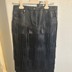Roberto Cavalli Black Leather Fringe Skirt